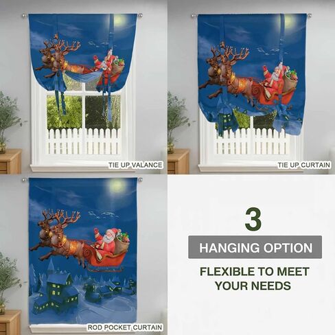 Blue Christmas Santa Tie Up Curtains for Window, Xmas Winter Cartoon Watercolor Deer Thermal Insulated Balloon Shade Adjustable Rod Pocket Curtains Valance Panels for Kitchen Bathroom Café 52'' x 63'' in Saudi Arabia