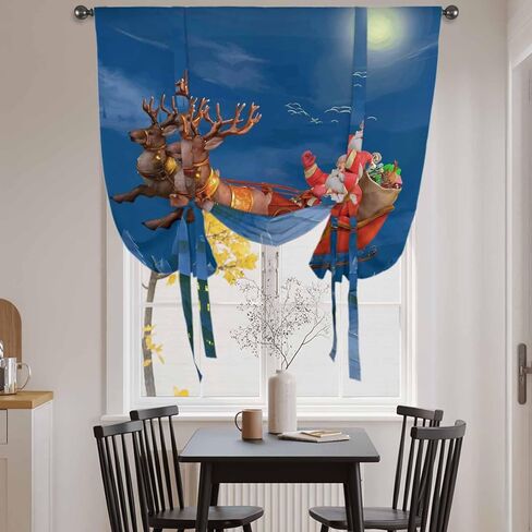 Blue Christmas Santa Tie Up Curtains for Window, Xmas Winter Cartoon Watercolor Deer Thermal Insulated Balloon Shade Adjustable Rod Pocket Curtains Valance Panels for Kitchen Bathroom Café 52'' x 63'' in Saudi Arabia