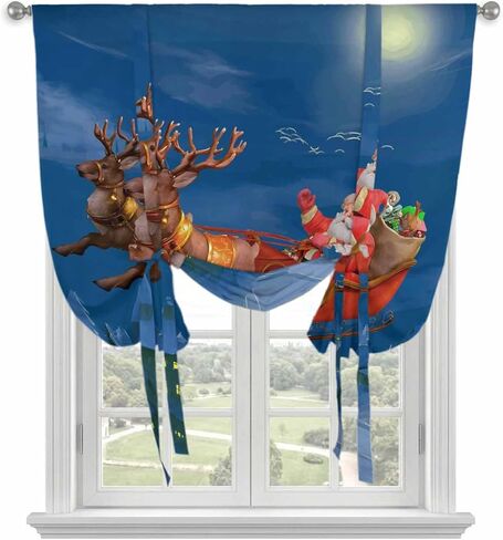Blue Christmas Santa Tie Up Curtains for Window, Xmas Winter Cartoon Watercolor Deer Thermal Insulated Balloon Shade Adjustable Rod Pocket Curtains Valance Panels for Kitchen Bathroom Café 52'' x 63'' in Saudi Arabia