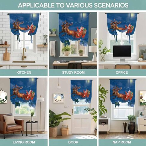 Blue Christmas Santa Tie Up Curtains for Window, Xmas Winter Cartoon Watercolor Deer Thermal Insulated Balloon Shade Adjustable Rod Pocket Curtains Valance Panels for Kitchen Bathroom Café 52'' x 63'' in Saudi Arabia