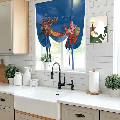 Blue Christmas Santa Tie Up Curtains for Window, Xmas Winter Cartoon Watercolor Deer Thermal Insulated Balloon Shade Adjustable Rod Pocket Curtains Valance Panels for Kitchen Bathroom Café 52'' x 63'' in Saudi Arabia