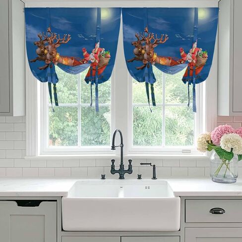 Blue Christmas Santa Tie Up Curtains for Window, Xmas Winter Cartoon Watercolor Deer Thermal Insulated Balloon Shade Adjustable Rod Pocket Curtains Valance Panels for Kitchen Bathroom Café 52'' x 63'' in Saudi Arabia