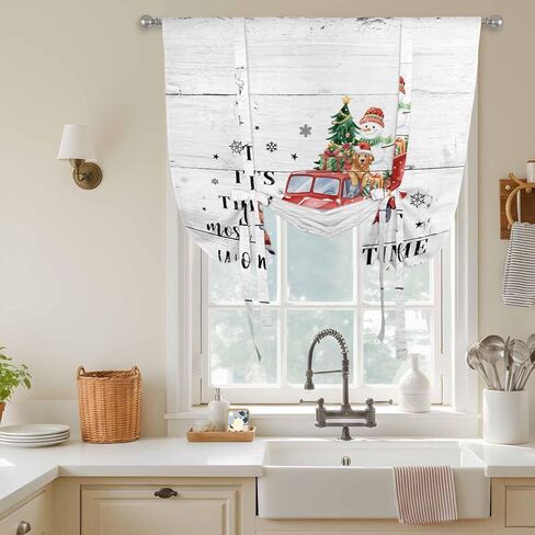 Red Truck Christmas Tie Up Curtains for Window, Xmas Tree Snowman Gifts Wooden Thermal Insulated Balloon Shade Adjustable Rod Pocket Curtains Valance Panels for Kitchen Bathroom Café 42'' x 54'' in Saudi Arabia