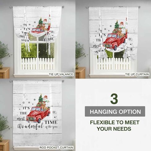 Red Truck Christmas Tie Up Curtains for Window, Xmas Tree Snowman Gifts Wooden Thermal Insulated Balloon Shade Adjustable Rod Pocket Curtains Valance Panels for Kitchen Bathroom Café 42'' x 54'' in Saudi Arabia