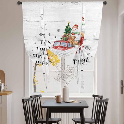 Red Truck Christmas Tie Up Curtains for Window, Xmas Tree Snowman Gifts Wooden Thermal Insulated Balloon Shade Adjustable Rod Pocket Curtains Valance Panels for Kitchen Bathroom Café 42'' x 54'' in Saudi Arabia