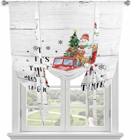 Red Truck Christmas Tie Up Curtains for Window, Xmas Tree Snowman Gifts Wooden Thermal Insulated Balloon Shade Adjustable Rod Pocket Curtains Valance Panels for Kitchen Bathroom Café 42'' x 54'' in Saudi Arabia