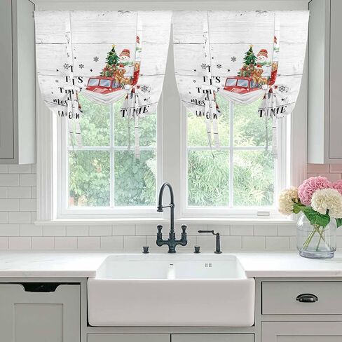 Red Truck Christmas Tie Up Curtains for Window, Xmas Tree Snowman Gifts Wooden Thermal Insulated Balloon Shade Adjustable Rod Pocket Curtains Valance Panels for Kitchen Bathroom Café 42'' x 54'' in Saudi Arabia