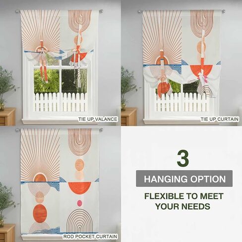 Bohemia Tie Up Curtains for Window, Modern Abstract Art Sun Stripes Cycle Thermal Insulated Balloon Shade Adjustable Rod Pocket Curtains Valance Panels for Kitchen Bathroom Café 52'' x 63'' in Saudi Arabia
