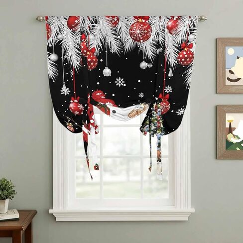 Black Christmas Tie Up Curtains for Window, Snowman Xmas Balls Pine Needle Tree Thermal Insulated Balloon Shade Adjustable Rod Pocket Curtains Valance Panels for Kitchen Bathroom Café 42'' x 45'' in Saudi Arabia