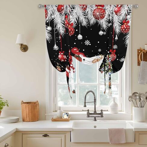 Black Christmas Tie Up Curtains for Window, Snowman Xmas Balls Pine Needle Tree Thermal Insulated Balloon Shade Adjustable Rod Pocket Curtains Valance Panels for Kitchen Bathroom Café 42'' x 45'' in Saudi Arabia