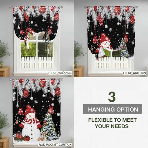 Black Christmas Tie Up Curtains for Window, Snowman Xmas Balls Pine Needle Tree Thermal Insulated Balloon Shade Adjustable Rod Pocket Curtains Valance Panels for Kitchen Bathroom Café 42'' x 45'' in Saudi Arabia