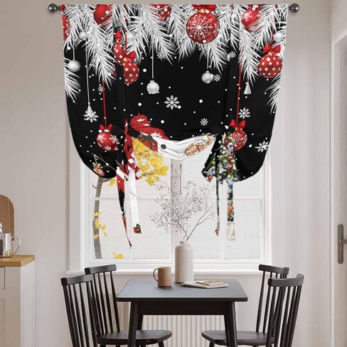 Black Christmas Tie Up Curtains for Window, Snowman Xmas Balls Pine Needle Tree Thermal Insulated Balloon Shade Adjustable Rod Pocket Curtains Valance Panels for Kitchen Bathroom Café 42'' x 45'' in Saudi Arabia