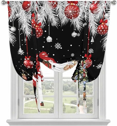 Black Christmas Tie Up Curtains for Window, Snowman Xmas Balls Pine Needle Tree Thermal Insulated Balloon Shade Adjustable Rod Pocket Curtains Valance Panels for Kitchen Bathroom Café 42'' x 45'' in Saudi Arabia