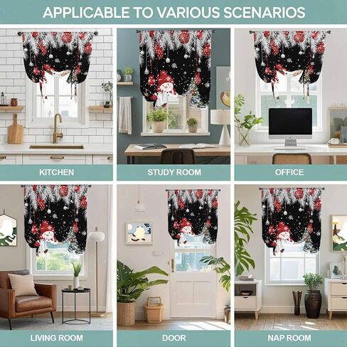 Black Christmas Tie Up Curtains for Window, Snowman Xmas Balls Pine Needle Tree Thermal Insulated Balloon Shade Adjustable Rod Pocket Curtains Valance Panels for Kitchen Bathroom Café 42'' x 45'' in Saudi Arabia