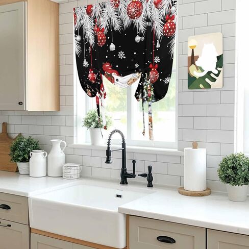 Black Christmas Tie Up Curtains for Window, Snowman Xmas Balls Pine Needle Tree Thermal Insulated Balloon Shade Adjustable Rod Pocket Curtains Valance Panels for Kitchen Bathroom Café 42'' x 45'' in Saudi Arabia