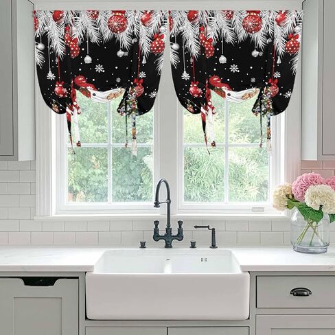 Black Christmas Tie Up Curtains for Window, Snowman Xmas Balls Pine Needle Tree Thermal Insulated Balloon Shade Adjustable Rod Pocket Curtains Valance Panels for Kitchen Bathroom Café 42'' x 45'' in Saudi Arabia