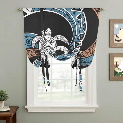 Polynesia Texture Tie Up Curtains for Window, Retro Traditional Tribe Turtle Abstract Thermal Balloon Shade Adjustable Rod Pocket Curtains Valance Panels for Kitchen Bathroom Café 52'' x 45'' in Saudi Arabia