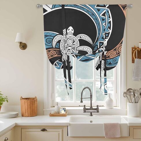 Polynesia Texture Tie Up Curtains for Window, Retro Traditional Tribe Turtle Abstract Thermal Balloon Shade Adjustable Rod Pocket Curtains Valance Panels for Kitchen Bathroom Café 52'' x 45'' in Saudi Arabia