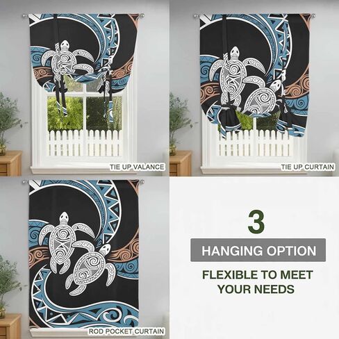 Polynesia Texture Tie Up Curtains for Window, Retro Traditional Tribe Turtle Abstract Thermal Balloon Shade Adjustable Rod Pocket Curtains Valance Panels for Kitchen Bathroom Café 52'' x 45'' in Saudi Arabia