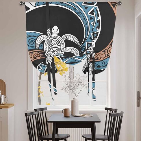 Polynesia Texture Tie Up Curtains for Window, Retro Traditional Tribe Turtle Abstract Thermal Balloon Shade Adjustable Rod Pocket Curtains Valance Panels for Kitchen Bathroom Café 52'' x 45'' in Saudi Arabia