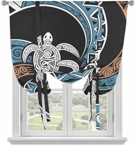 Polynesia Texture Tie Up Curtains for Window, Retro Traditional Tribe Turtle Abstract Thermal Balloon Shade Adjustable Rod Pocket Curtains Valance Panels for Kitchen Bathroom Café 52'' x 45'' in Saudi Arabia