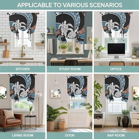 Polynesia Texture Tie Up Curtains for Window, Retro Traditional Tribe Turtle Abstract Thermal Balloon Shade Adjustable Rod Pocket Curtains Valance Panels for Kitchen Bathroom Café 52'' x 45'' in Saudi Arabia