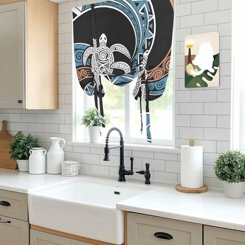 Polynesia Texture Tie Up Curtains for Window, Retro Traditional Tribe Turtle Abstract Thermal Balloon Shade Adjustable Rod Pocket Curtains Valance Panels for Kitchen Bathroom Café 52'' x 45'' in Saudi Arabia