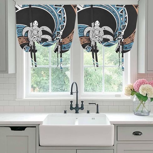 Polynesia Texture Tie Up Curtains for Window, Retro Traditional Tribe Turtle Abstract Thermal Balloon Shade Adjustable Rod Pocket Curtains Valance Panels for Kitchen Bathroom Café 52'' x 45'' in Saudi Arabia