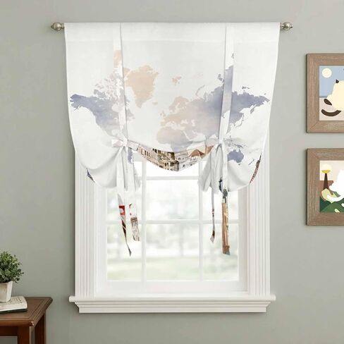 Gray Beige Map Tie Up Curtains for Window, Funny Abstract Cloud Illustration Art Thermal Insulated Balloon Shade Adjustable Rod Pocket Curtains Valance Panels for Kitchen Bathroom Café 34'' x 45'' in Saudi Arabia