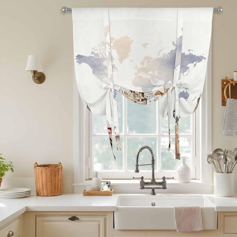 Gray Beige Map Tie Up Curtains for Window, Funny Abstract Cloud Illustration Art Thermal Insulated Balloon Shade Adjustable Rod Pocket Curtains Valance Panels for Kitchen Bathroom Café 34'' x 45'' in Saudi Arabia