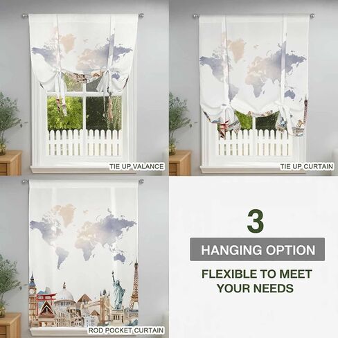 Gray Beige Map Tie Up Curtains for Window, Funny Abstract Cloud Illustration Art Thermal Insulated Balloon Shade Adjustable Rod Pocket Curtains Valance Panels for Kitchen Bathroom Café 34'' x 45'' in Saudi Arabia