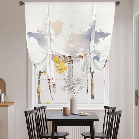 Gray Beige Map Tie Up Curtains for Window, Funny Abstract Cloud Illustration Art Thermal Insulated Balloon Shade Adjustable Rod Pocket Curtains Valance Panels for Kitchen Bathroom Café 34'' x 45'' in Saudi Arabia