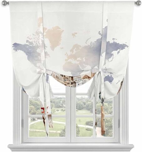 Gray Beige Map Tie Up Curtains for Window, Funny Abstract Cloud Illustration Art Thermal Insulated Balloon Shade Adjustable Rod Pocket Curtains Valance Panels for Kitchen Bathroom Café 34'' x 45'' in Saudi Arabia