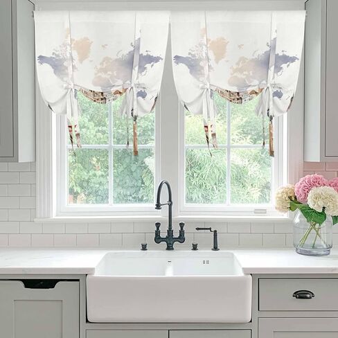 Gray Beige Map Tie Up Curtains for Window, Funny Abstract Cloud Illustration Art Thermal Insulated Balloon Shade Adjustable Rod Pocket Curtains Valance Panels for Kitchen Bathroom Café 34'' x 45'' in Saudi Arabia