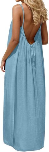 فساتين GaoCold كامي بدون ظهر للنساء فستان منزلي منخفض الظهر فستان طويل غير رسمي متدفق بدون أكمام سادة مفتوح الظهر فستان الشمس in Kuwait