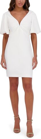 Siena Women's Short Puff Sleeve Ruched V-Neck Shift Mini Dress in Saudi Arabia