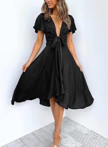 miduo Womens Satin V Neck Ruffle Short Sleeve Tie Front High Waist Midi A-Line Maxi Dresses in Saudi Arabia