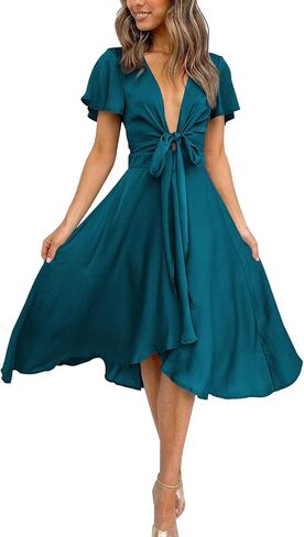 miduo Womens Satin V Neck Ruffle Short Sleeve Tie Front High Waist Midi A-Line Maxi Dresses in Saudi Arabia