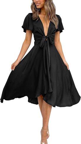 miduo Womens Satin V Neck Ruffle Short Sleeve Tie Front High Waist Midi A-Line Maxi Dresses in Saudi Arabia