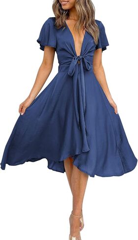 miduo Womens Satin V Neck Ruffle Short Sleeve Tie Front High Waist Midi A-Line Maxi Dresses in Saudi Arabia