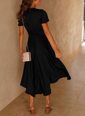 miduo Womens Satin V Neck Ruffle Short Sleeve Tie Front High Waist Midi A-Line Maxi Dresses in Saudi Arabia