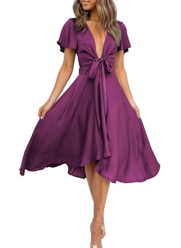 miduo Womens Satin V Neck Ruffle Short Sleeve Tie Front High Waist Midi A-Line Maxi Dresses in Saudi Arabia