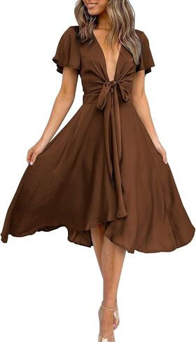 miduo Womens Satin V Neck Ruffle Short Sleeve Tie Front High Waist Midi A-Line Maxi Dresses in Saudi Arabia