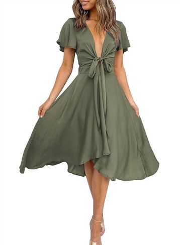 miduo Womens Satin V Neck Ruffle Short Sleeve Tie Front High Waist Midi A-Line Maxi Dresses in Saudi Arabia