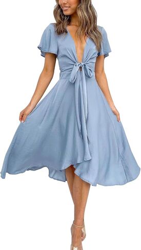 miduo Womens Satin V Neck Ruffle Short Sleeve Tie Front High Waist Midi A-Line Maxi Dresses in Saudi Arabia