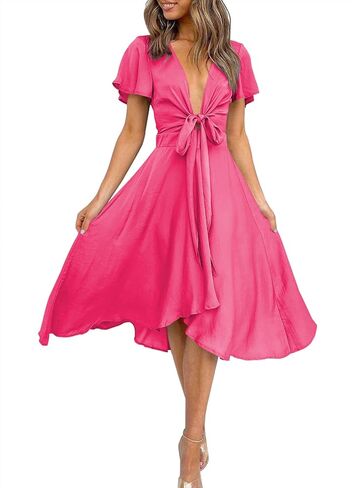 miduo Womens Satin V Neck Ruffle Short Sleeve Tie Front High Waist Midi A-Line Maxi Dresses in Saudi Arabia