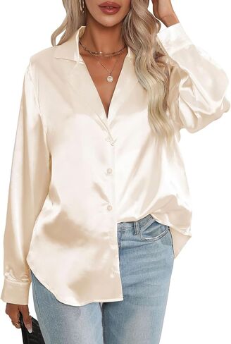 PEHMEA Women's Satin Button Down Shirts Silk Solid Long Sleeve Blouse for Work Office V Neck Casual Elegant Tunic Tops in Kuwait