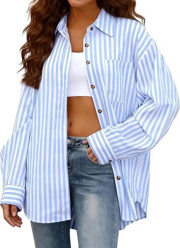 Women's Striped Button Down Shirts Casual Long Sleeve Stylish Collared Classic Office Work Blouses Tops in Saudi Arabia