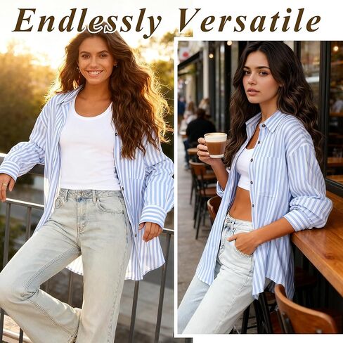 Women's Striped Button Down Shirts Casual Long Sleeve Stylish Collared Classic Office Work Blouses Tops in Saudi Arabia