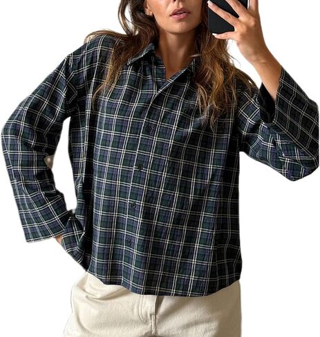 Women Vintage Button Down Shirts Retro Y2K Long Sleeve V Neck Collared Blouse Casual Fall Oversized Tunics Tops in Kuwait